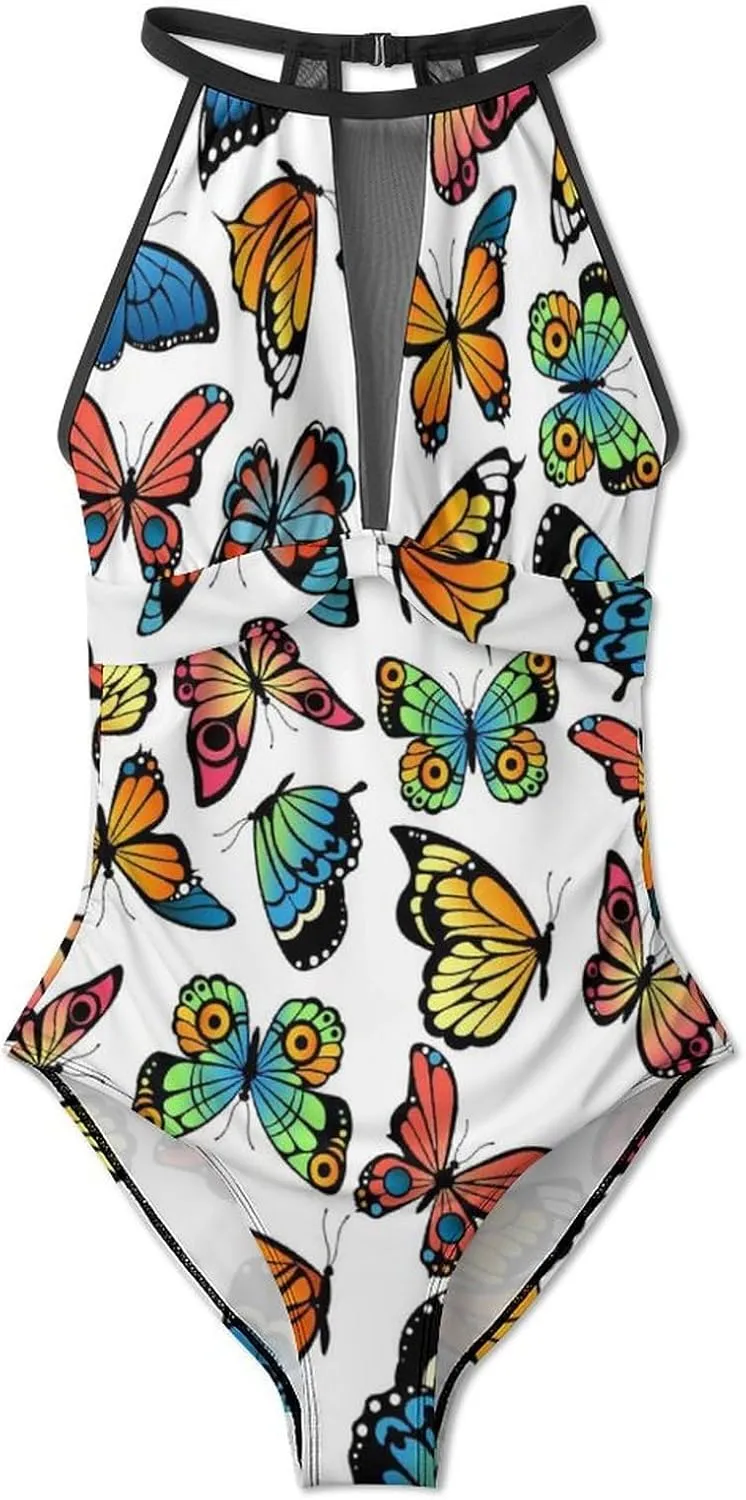 Women Sexy Tummy Control One Piece Swimsuits Halter Push Up High Cut Low Back Bathing Suits