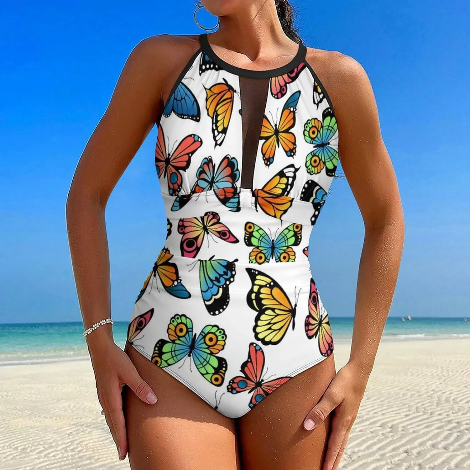 Women Sexy Tummy Control One Piece Swimsuits Halter Push Up High Cut Low Back Bathing Suits