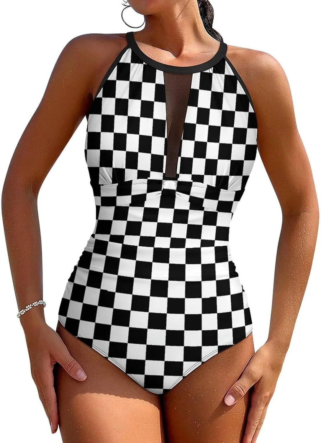 Women Sexy Tummy Control One Piece Swimsuits Halter Push Up High Cut Low Back Bathing Suits