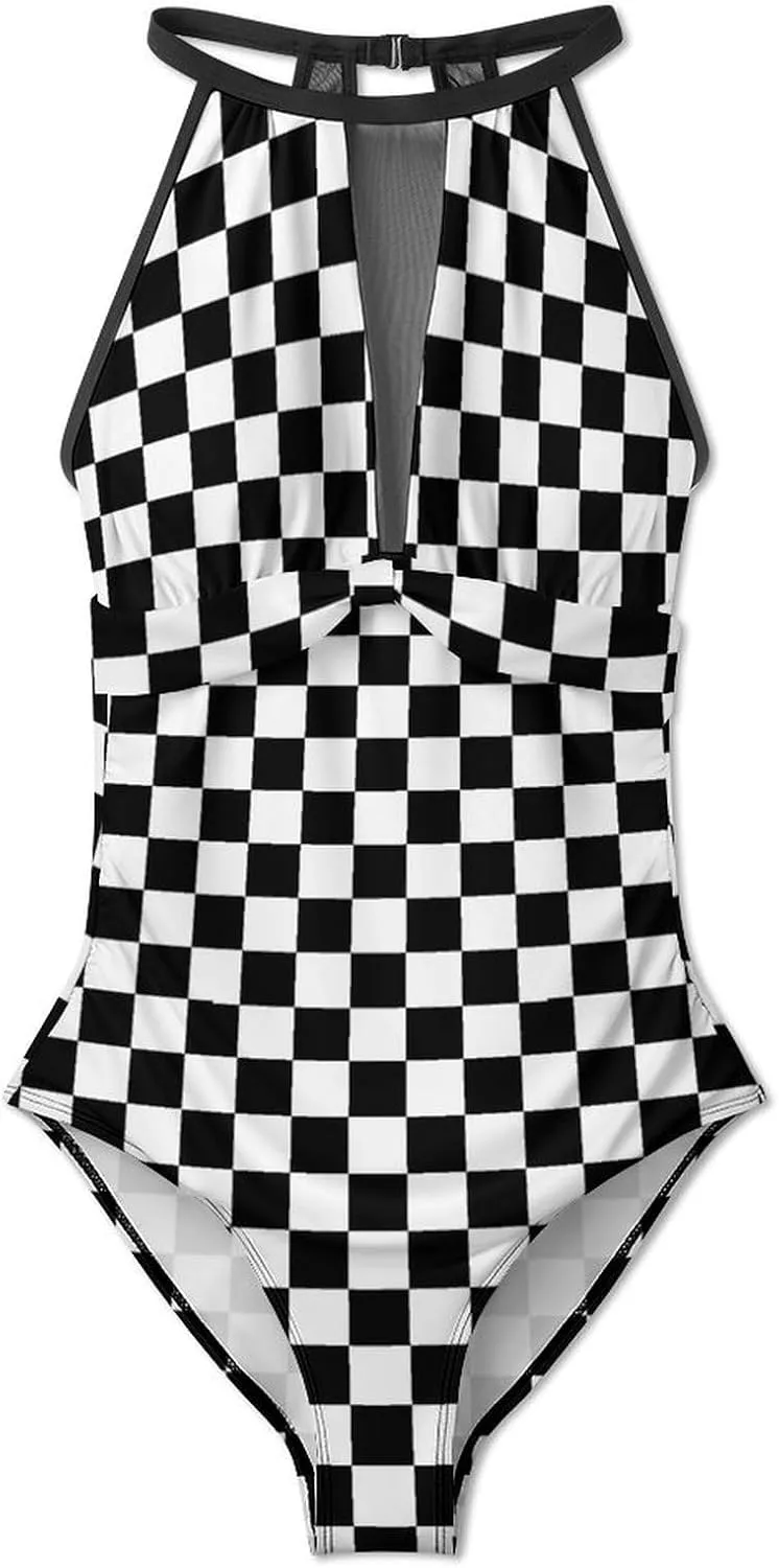 Women Sexy Tummy Control One Piece Swimsuits Halter Push Up High Cut Low Back Bathing Suits