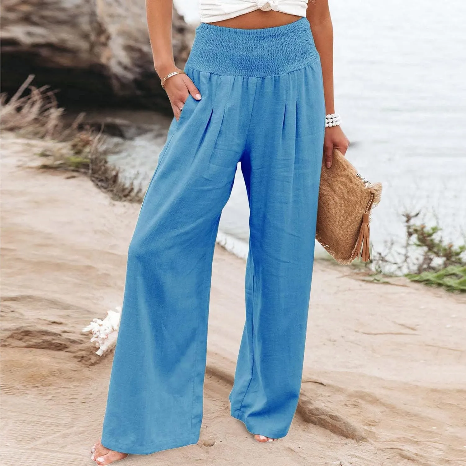 Women Wide Leg Long Palazzo Pants Casual Smocked Waist Flowy Pants Baggy Loose Comfy Breathable Slacks with Pockets