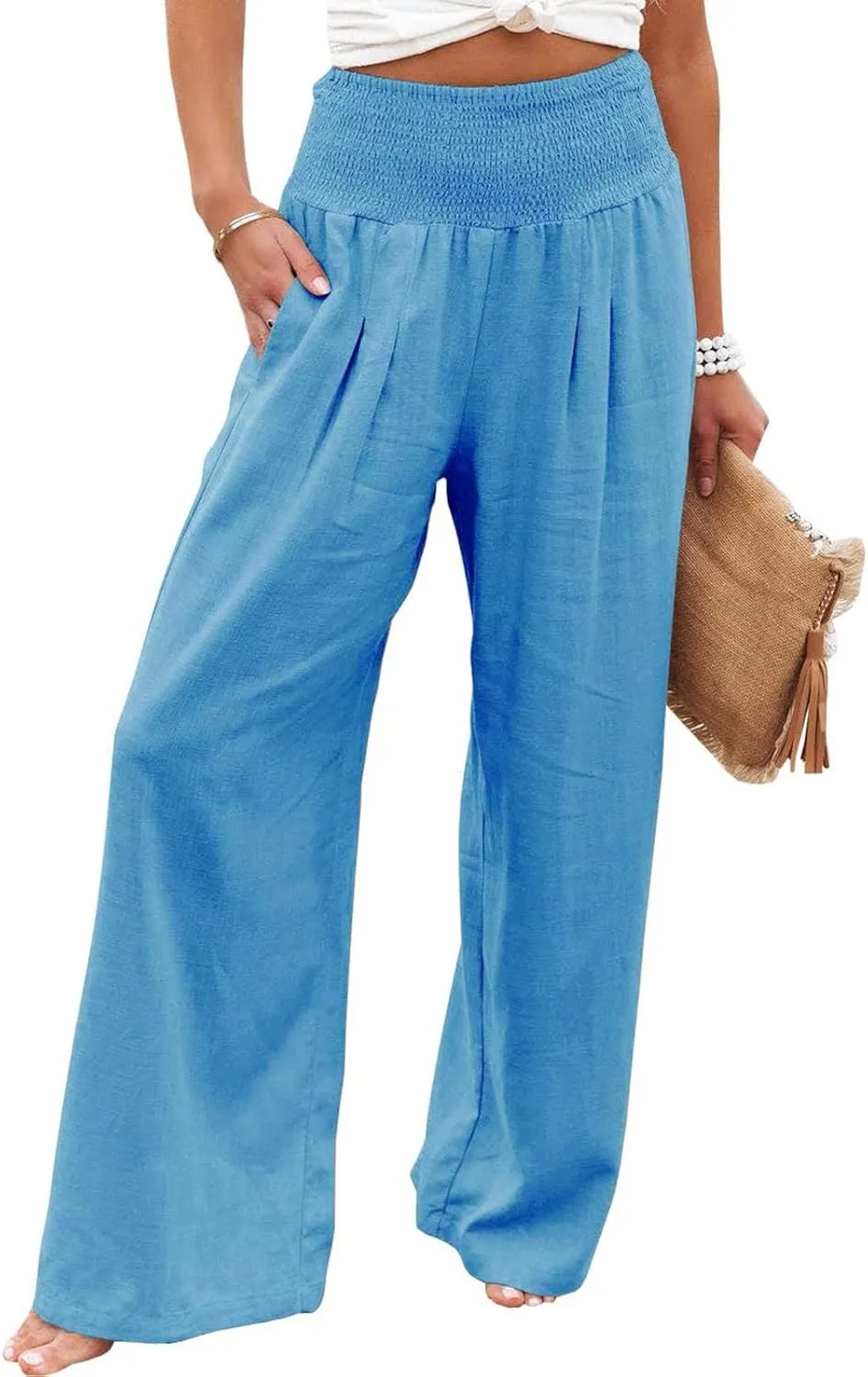 Women Wide Leg Long Palazzo Pants Casual Smocked Waist Flowy Pants Baggy Loose Comfy Breathable Slacks with Pockets