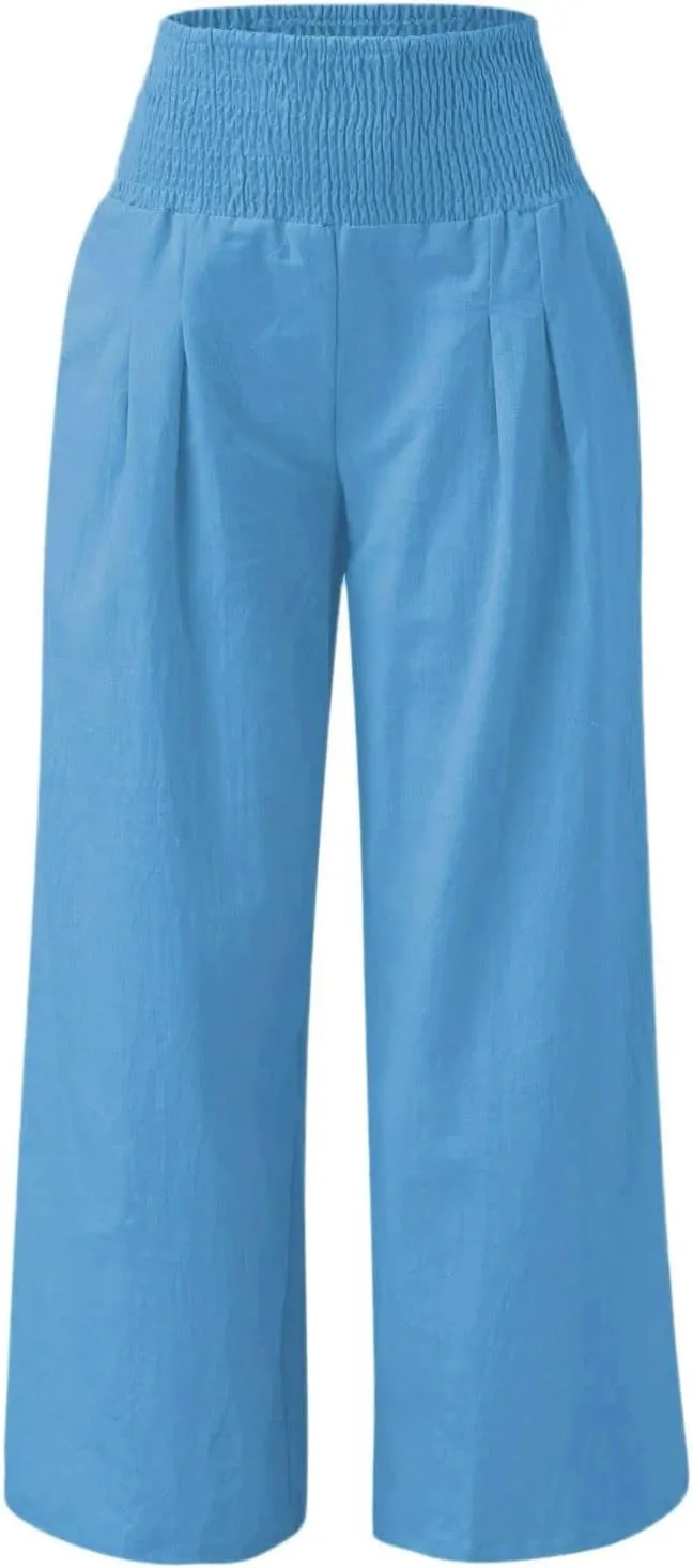 Women Wide Leg Long Palazzo Pants Casual Smocked Waist Flowy Pants Baggy Loose Comfy Breathable Slacks with Pockets