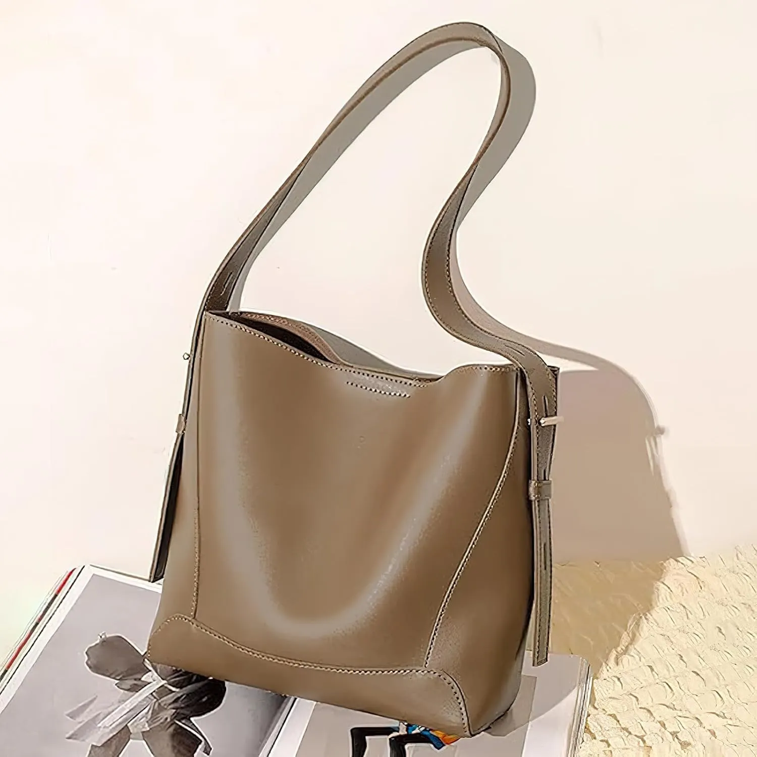 Women's Bucket Bag Purse Small Hobo Shoulder Bag Vegan PU Leather Tote Bag