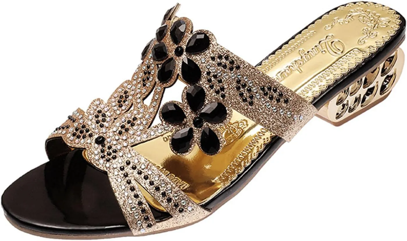 Womens Chunky Low Heels Sandals Summer Boho Slides Bohemian Slip on Dressy Sandal Rhinestone Wedge Shoes 2025 New