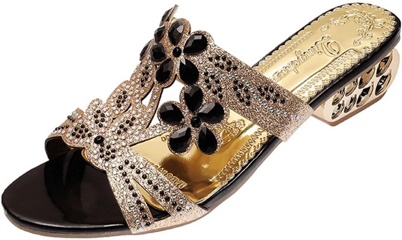 Womens Chunky Low Heels Sandals Summer Boho Slides Bohemian Slip on Dressy Sandal Rhinestone Wedge Shoes 2025 New