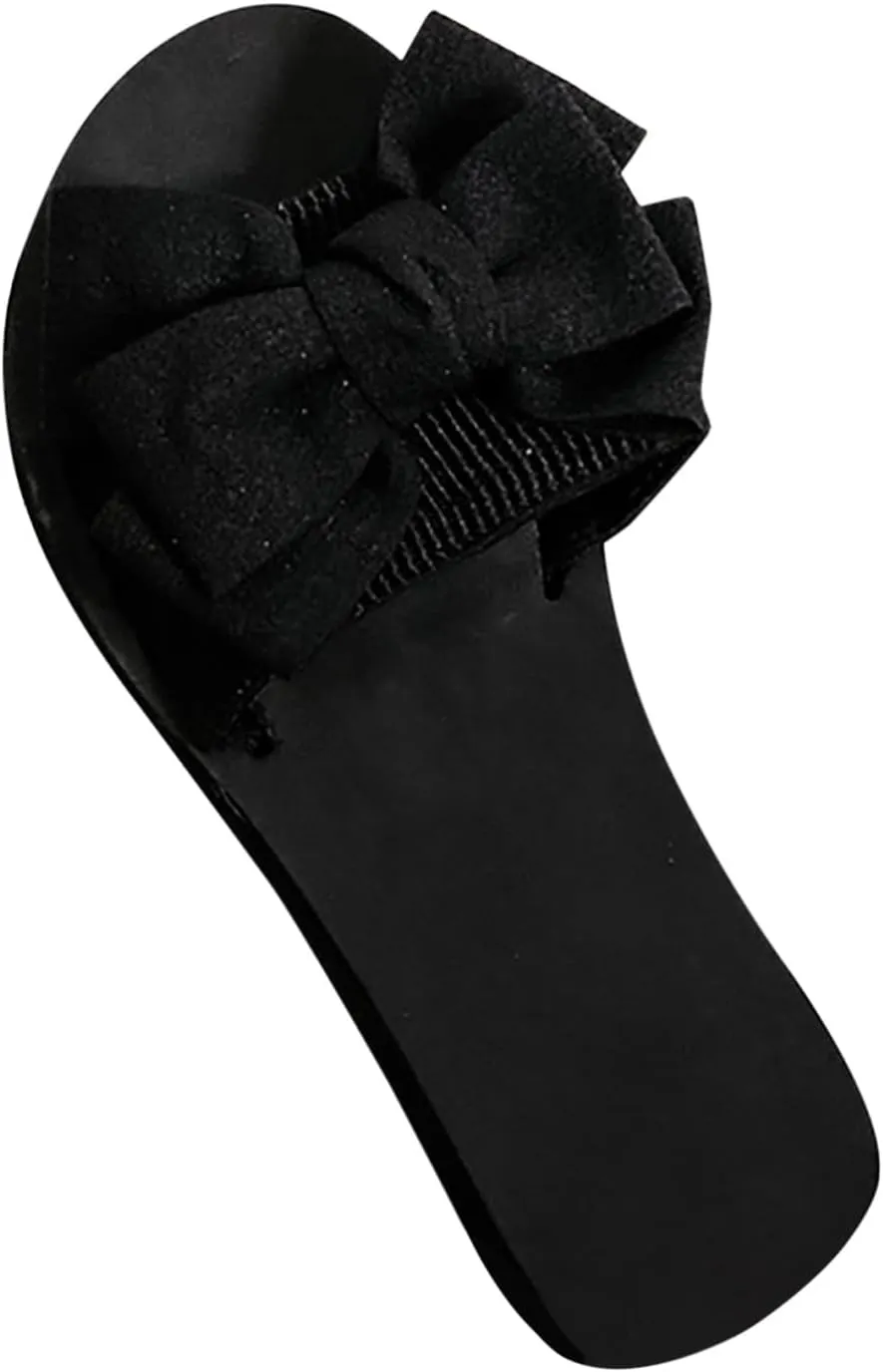 Womens Cute Bowknot Sandals Summer Slip on Lounge Slippers Comfort Flat Slides 2025 New Sandal Beach Shoes