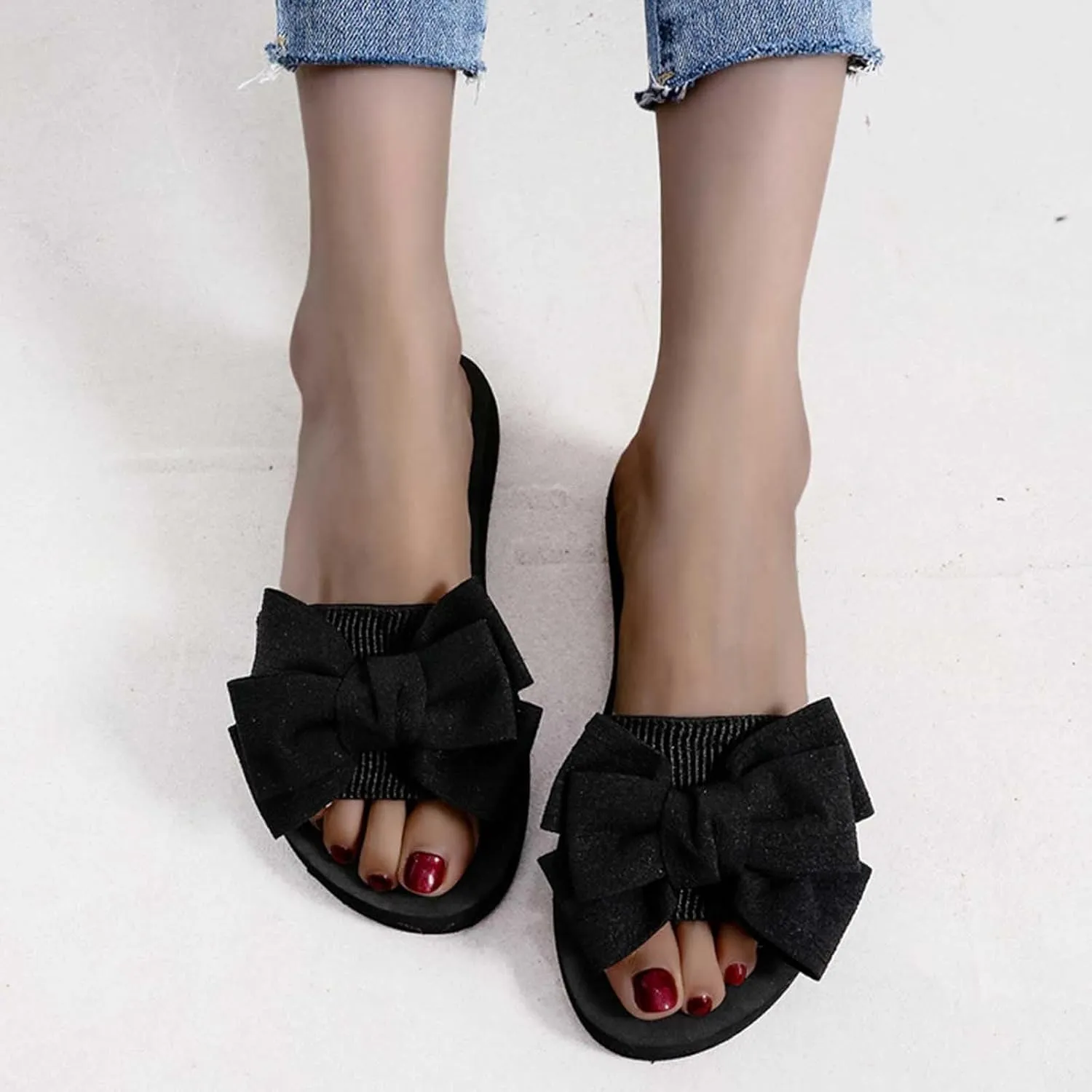 Womens Cute Bowknot Sandals Summer Slip on Lounge Slippers Comfort Flat Slides 2025 New Sandal Beach Shoes