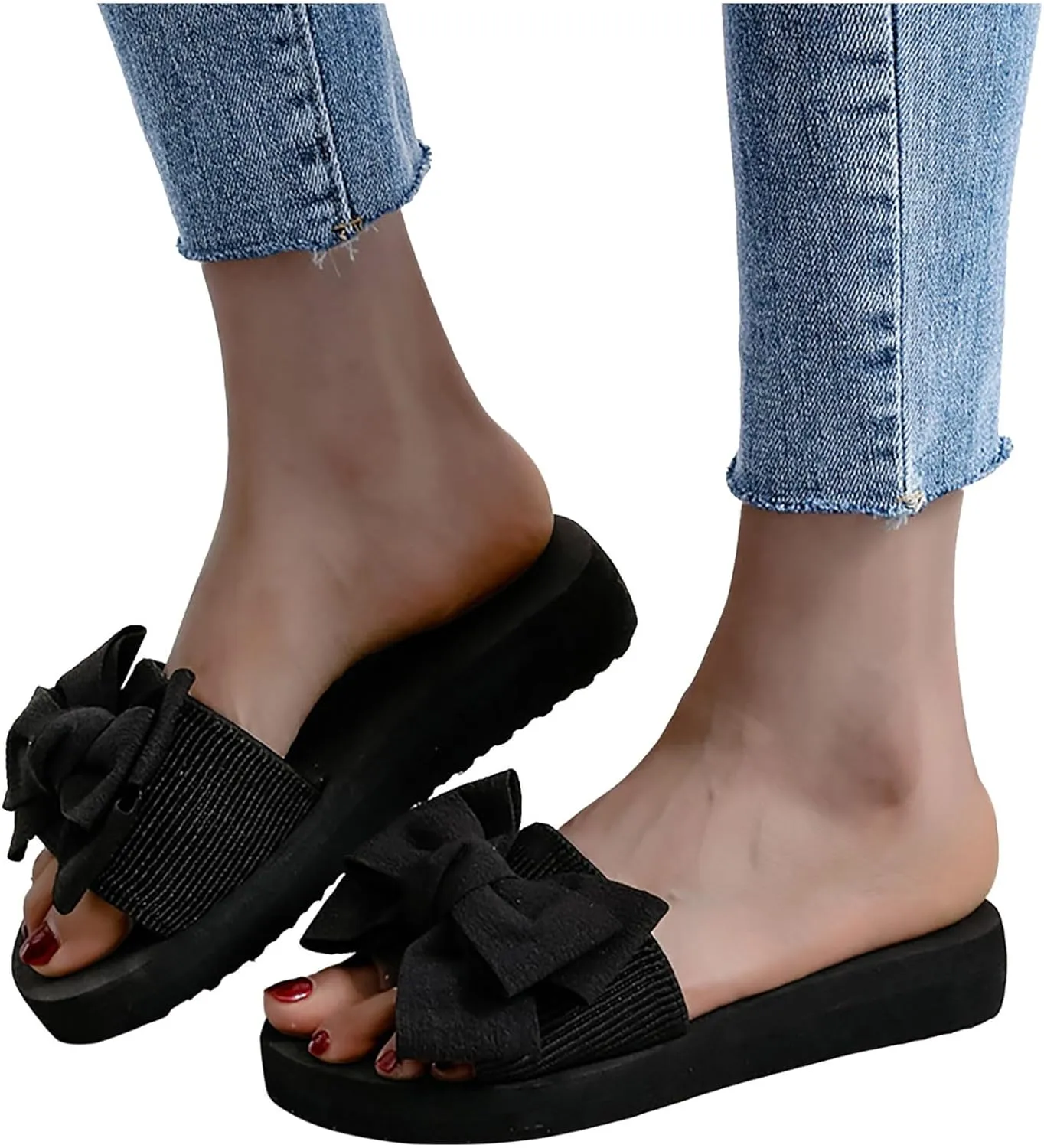 Womens Cute Bowknot Sandals Summer Slip on Lounge Slippers Comfort Flat Slides 2025 New Sandal Beach Shoes