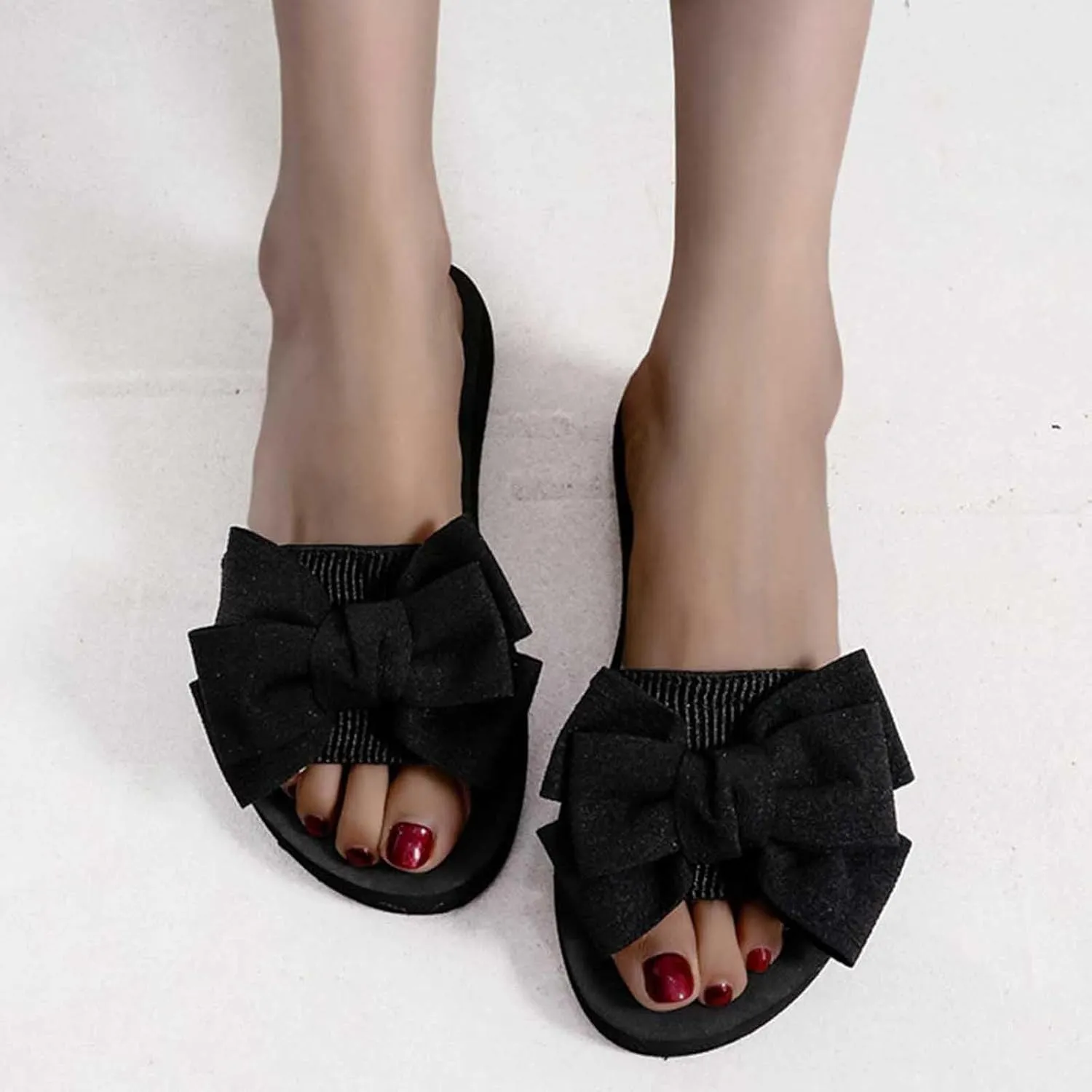 Womens Cute Bowknot Sandals Summer Slip on Lounge Slippers Comfort Flat Slides 2025 New Sandal Beach Shoes