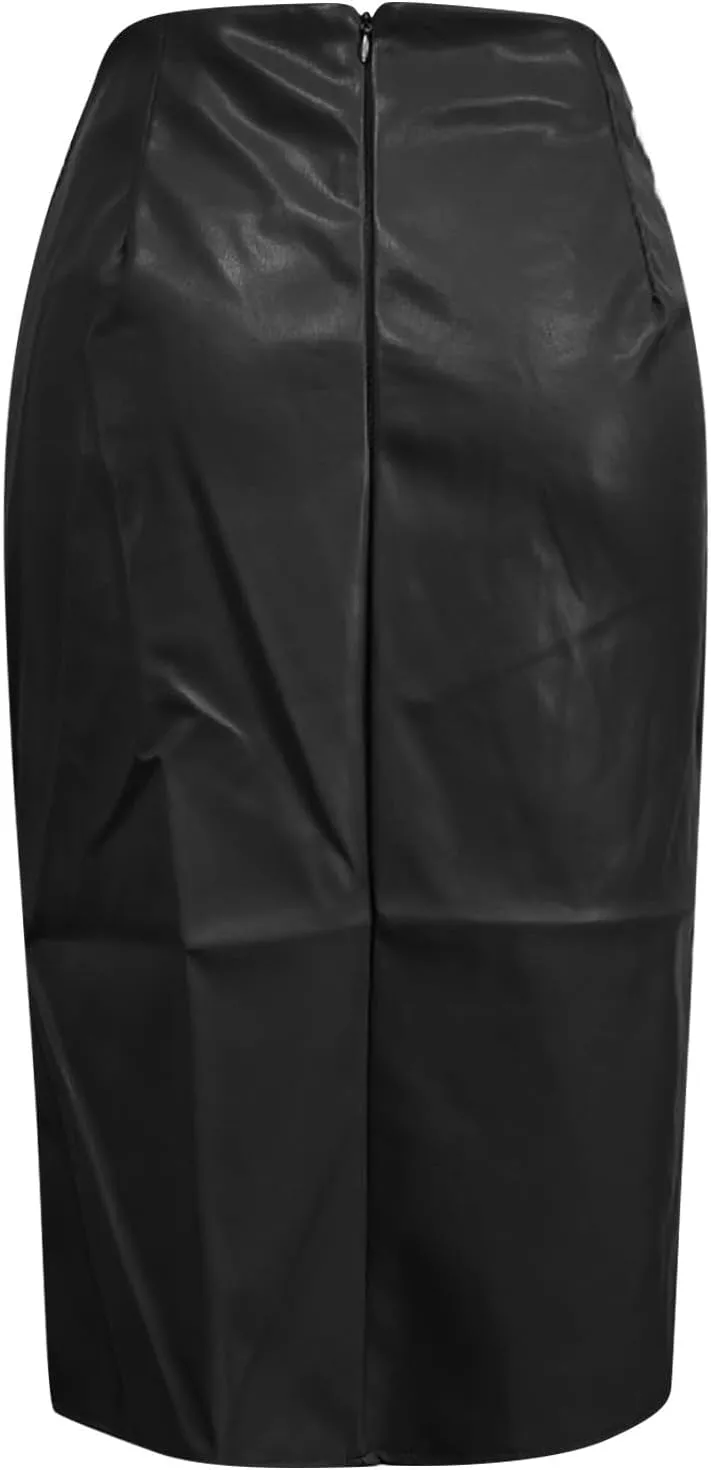 Womens Faux Leather Midi Skirt High Waisted Wrap Ruched Front Slit Zip Back Bodycon Skirts Pencil Skirt