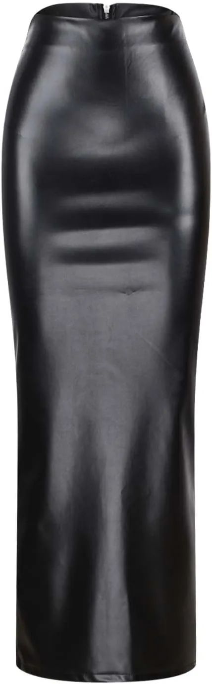 Womens Faux Leather Pencil Skirt High Waist Slim PU Maxi Skirt Elegant Floor Length Long Y2k Party Pencil Skirts