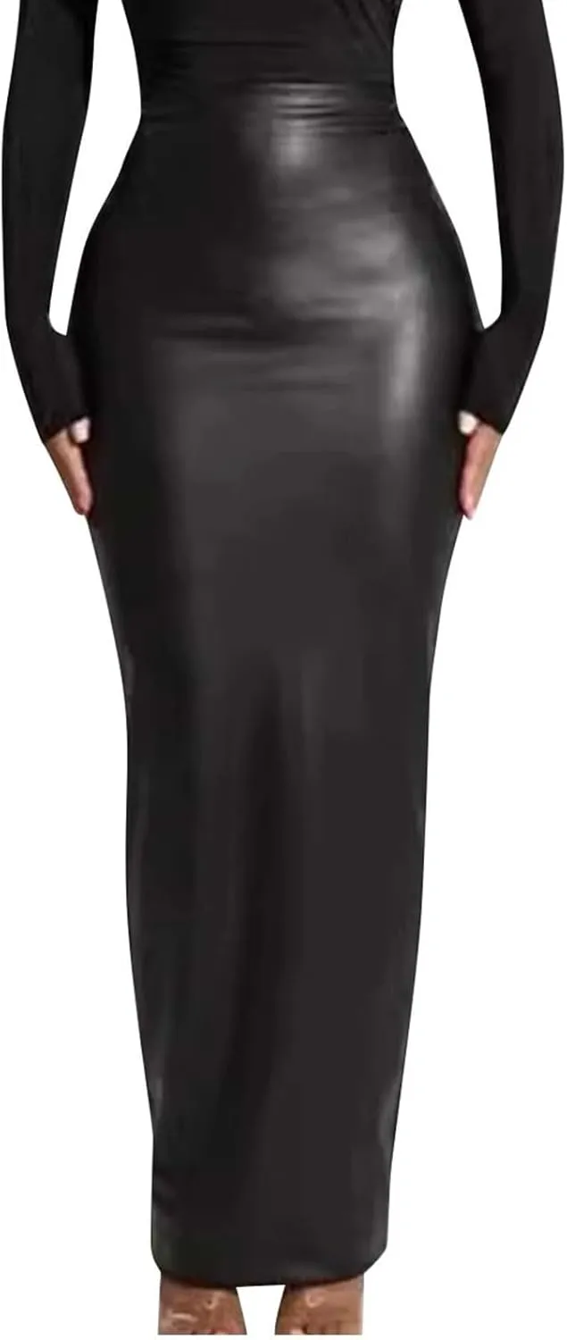 Womens Faux Leather Pencil Skirt High Waist Slim PU Maxi Skirt Elegant Floor Length Long Y2k Party Pencil Skirts