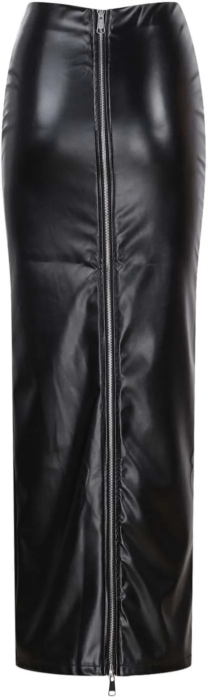 Womens Faux Leather Pencil Skirt High Waist Slim PU Maxi Skirt Elegant Floor Length Long Y2k Party Pencil Skirts