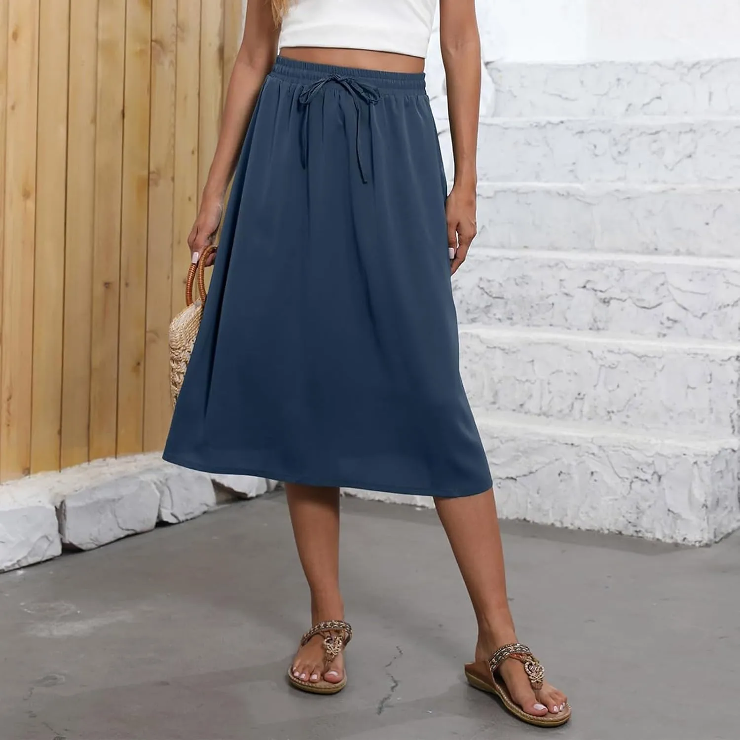 Womens Floral Midi Skirt with Pockets Elastic High Waisted Summer Skirts Boho Beach Casual Flowy Swing A Line Skirts