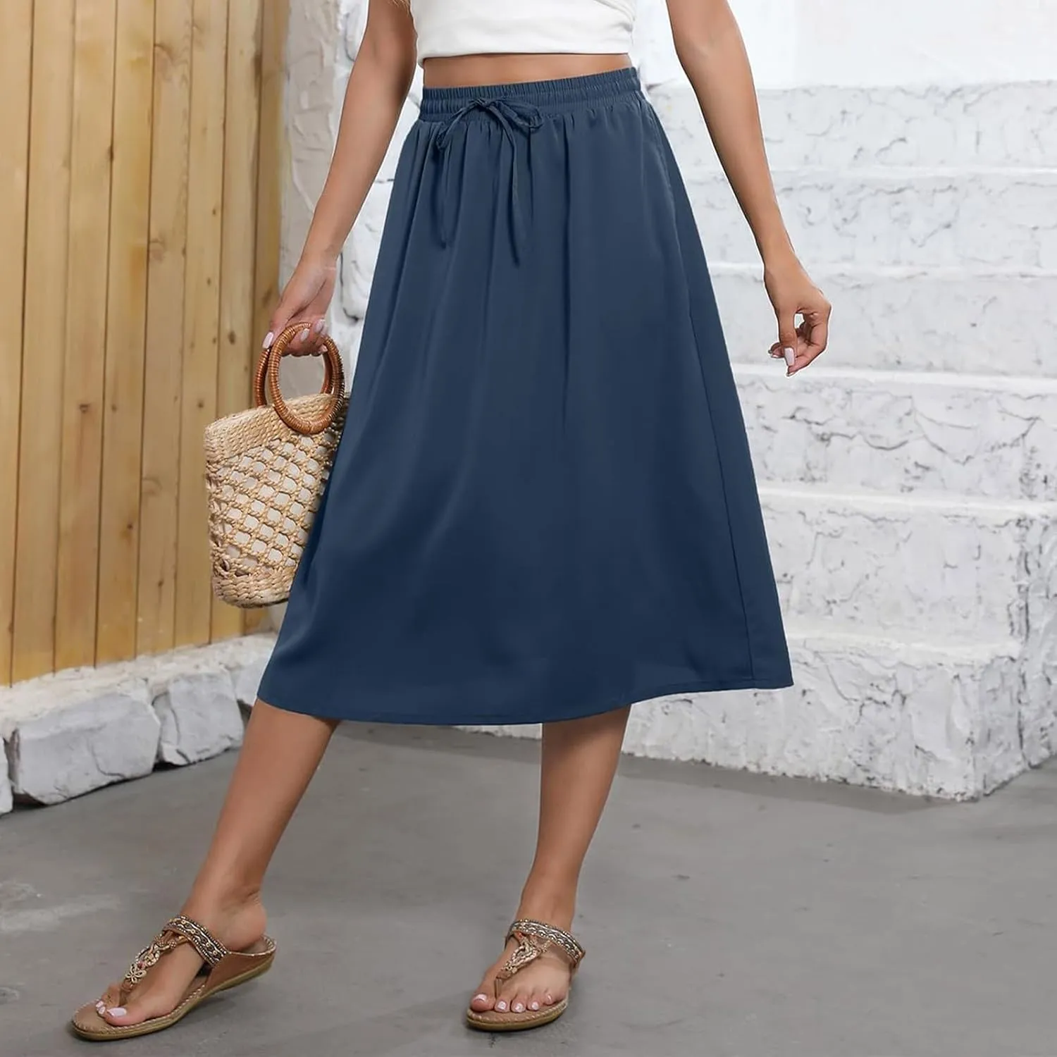 Womens Floral Midi Skirt with Pockets Elastic High Waisted Summer Skirts Boho Beach Casual Flowy Swing A Line Skirts