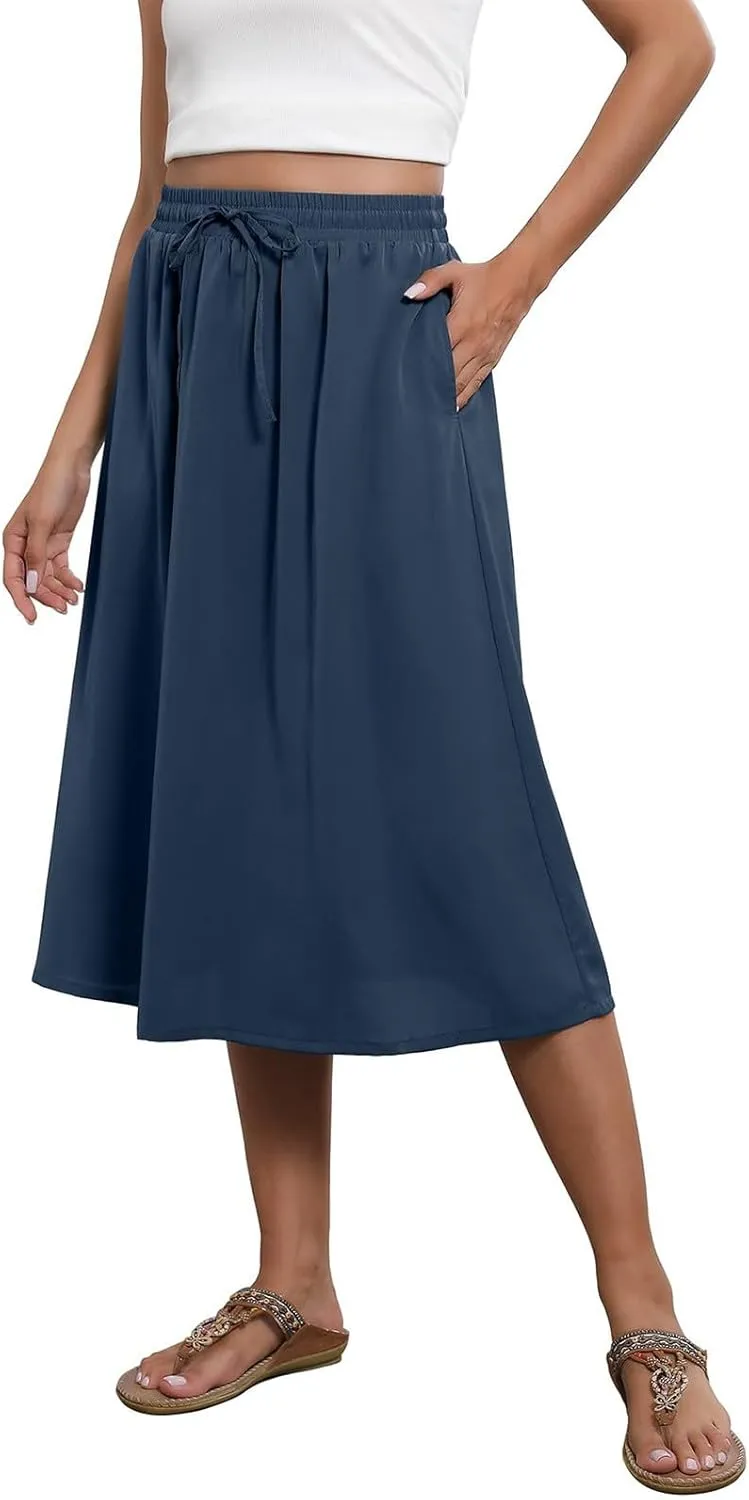 Womens Floral Midi Skirt with Pockets Elastic High Waisted Summer Skirts Boho Beach Casual Flowy Swing A Line Skirts