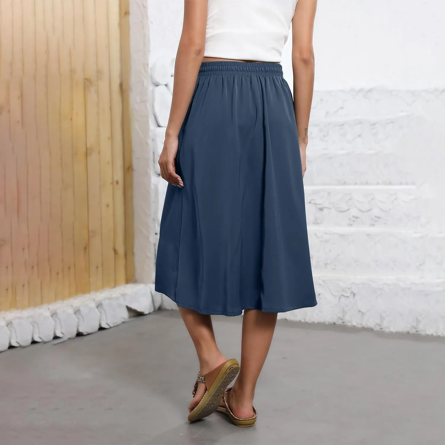 Womens Floral Midi Skirt with Pockets Elastic High Waisted Summer Skirts Boho Beach Casual Flowy Swing A Line Skirts