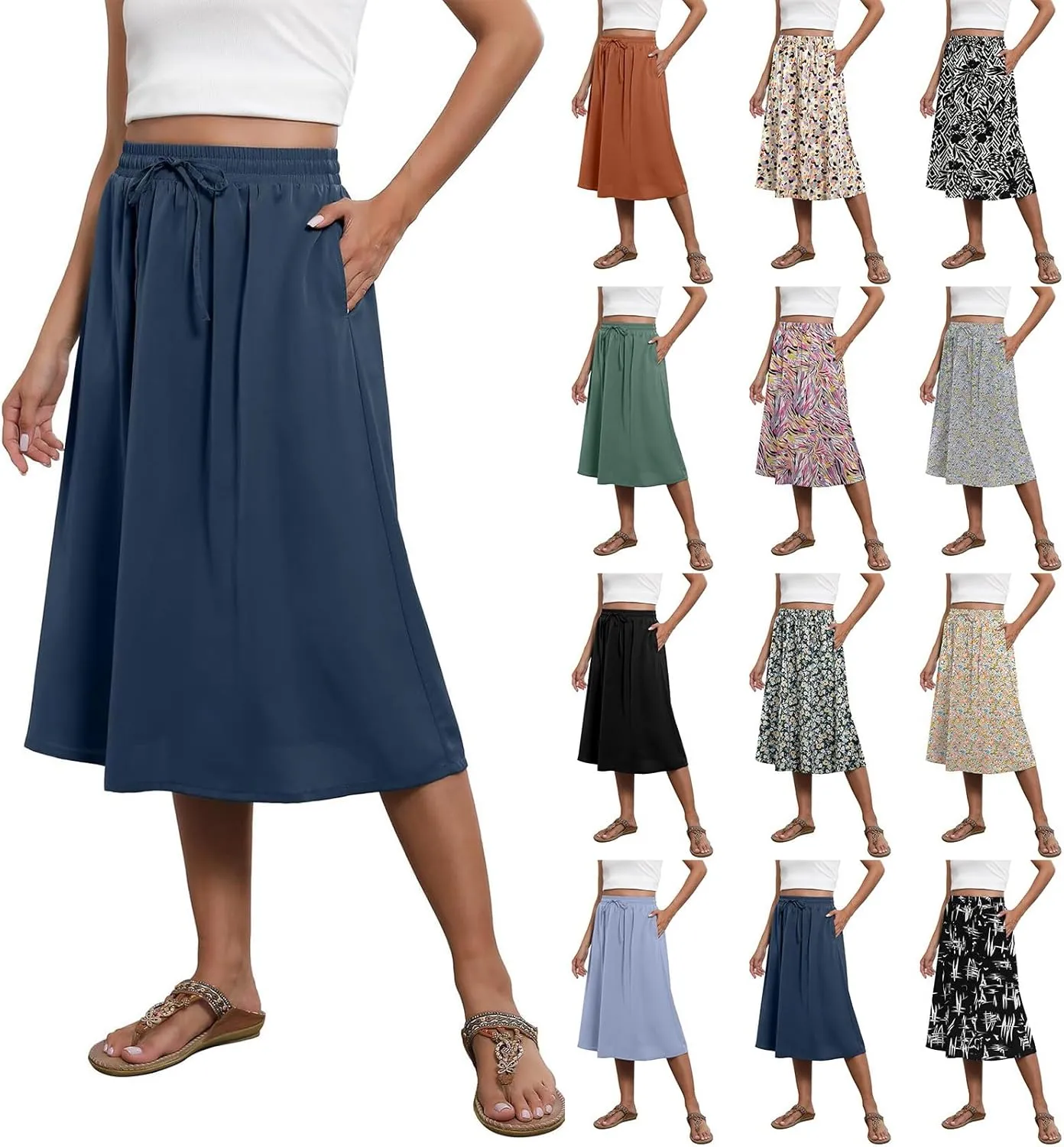 Womens Floral Midi Skirt with Pockets Elastic High Waisted Summer Skirts Boho Beach Casual Flowy Swing A Line Skirts