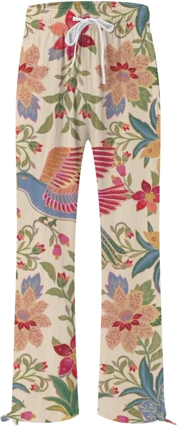 Women's High Waisted Wide Leg Pants Boho Linen Beach Trousers with Pockets Elastic High Waist Wide Leg Palazzo