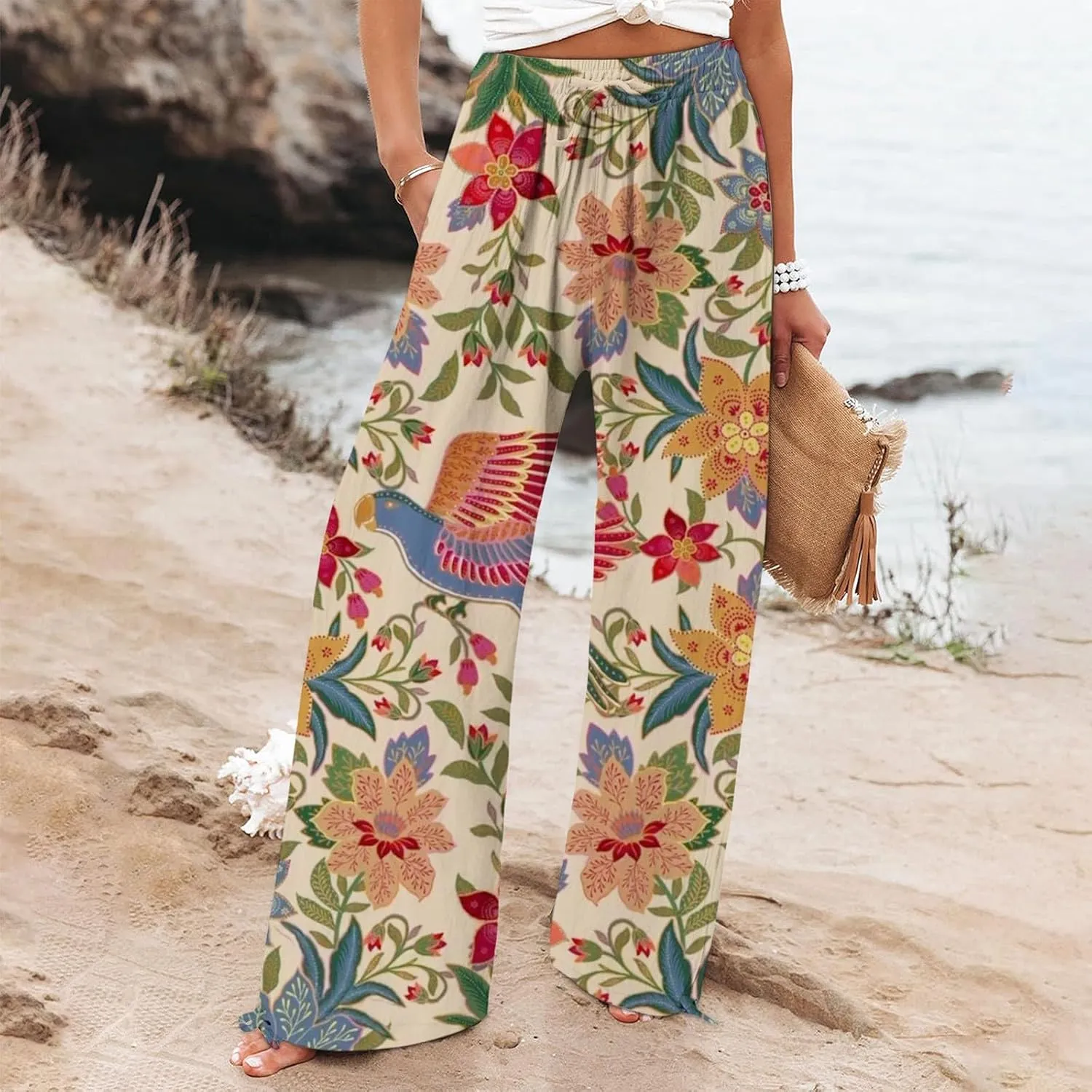 Women's High Waisted Wide Leg Pants Boho Linen Beach Trousers with Pockets Elastic High Waist Wide Leg Palazzo