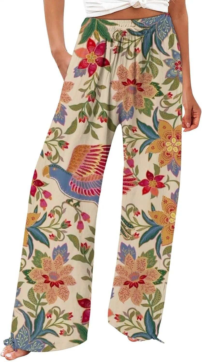 Women's High Waisted Wide Leg Pants Boho Linen Beach Trousers with Pockets Elastic High Waist Wide Leg Palazzo