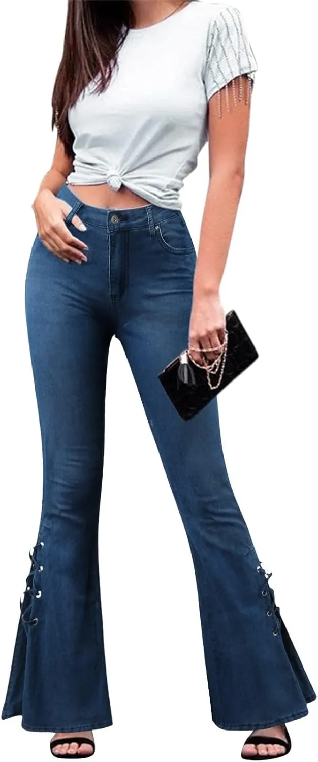 Women's Lace-Up Bell Bottom Denim Pants Mid Waist Stretchy Flare Jeans Vintage Baggy Trousers with Pocket Streetwear