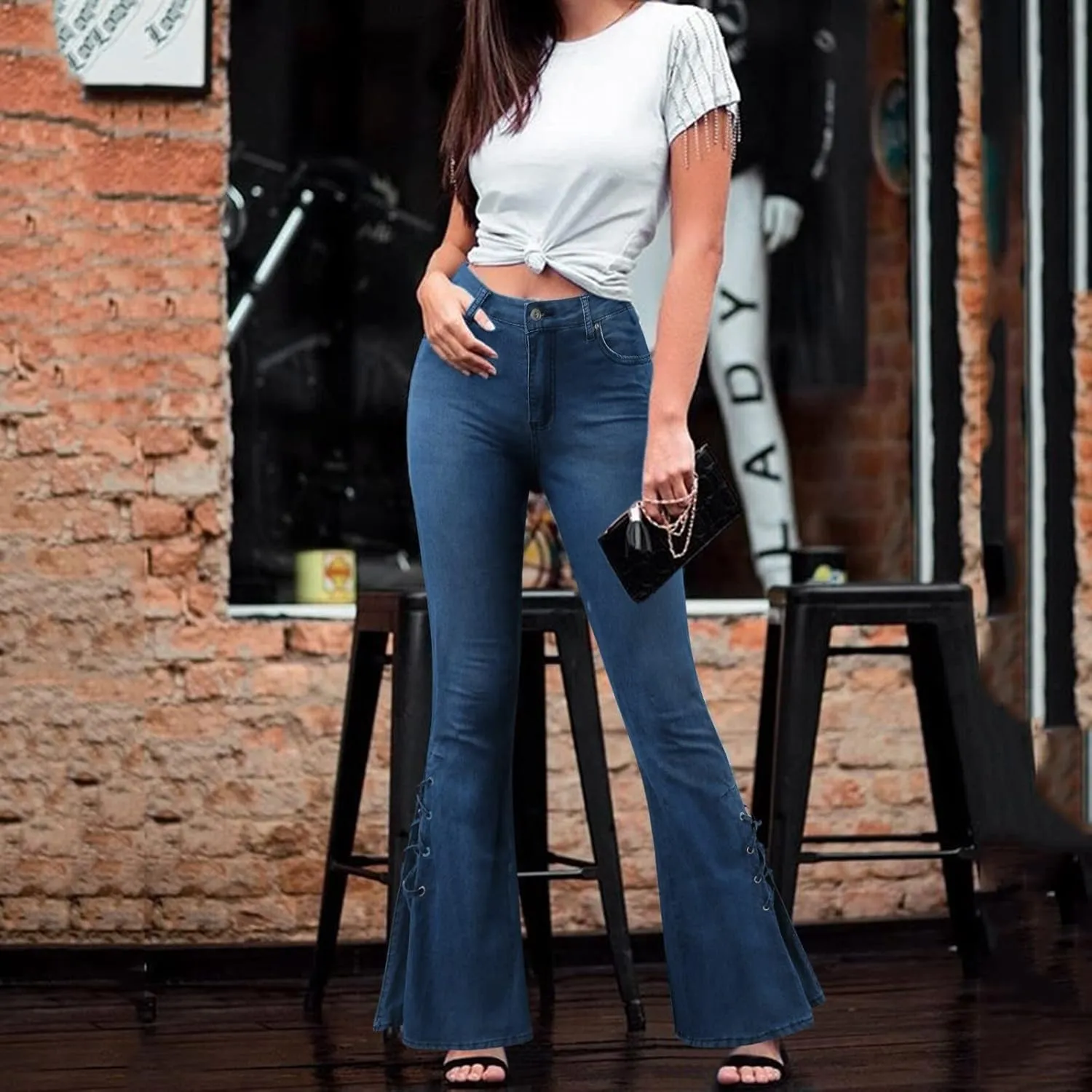 Women's Lace-Up Bell Bottom Denim Pants Mid Waist Stretchy Flare Jeans Vintage Baggy Trousers with Pocket Streetwear