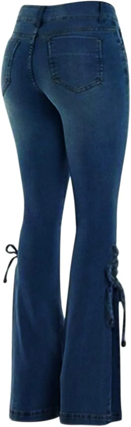 Women's Lace-Up Bell Bottom Denim Pants Mid Waist Stretchy Flare Jeans Vintage Baggy Trousers with Pocket Streetwear