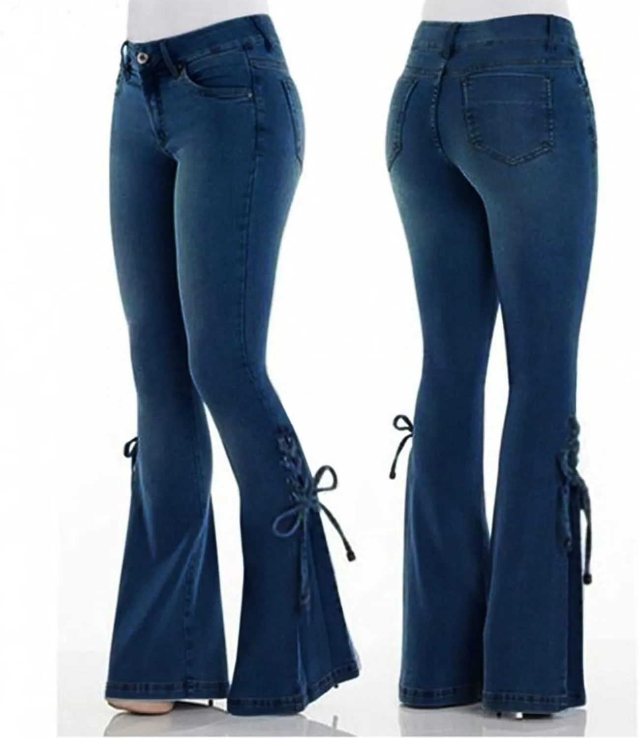 Women's Lace-Up Bell Bottom Denim Pants Mid Waist Stretchy Flare Jeans Vintage Baggy Trousers with Pocket Streetwear