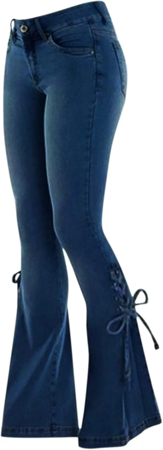 Women's Lace-Up Bell Bottom Denim Pants Mid Waist Stretchy Flare Jeans Vintage Baggy Trousers with Pocket Streetwear