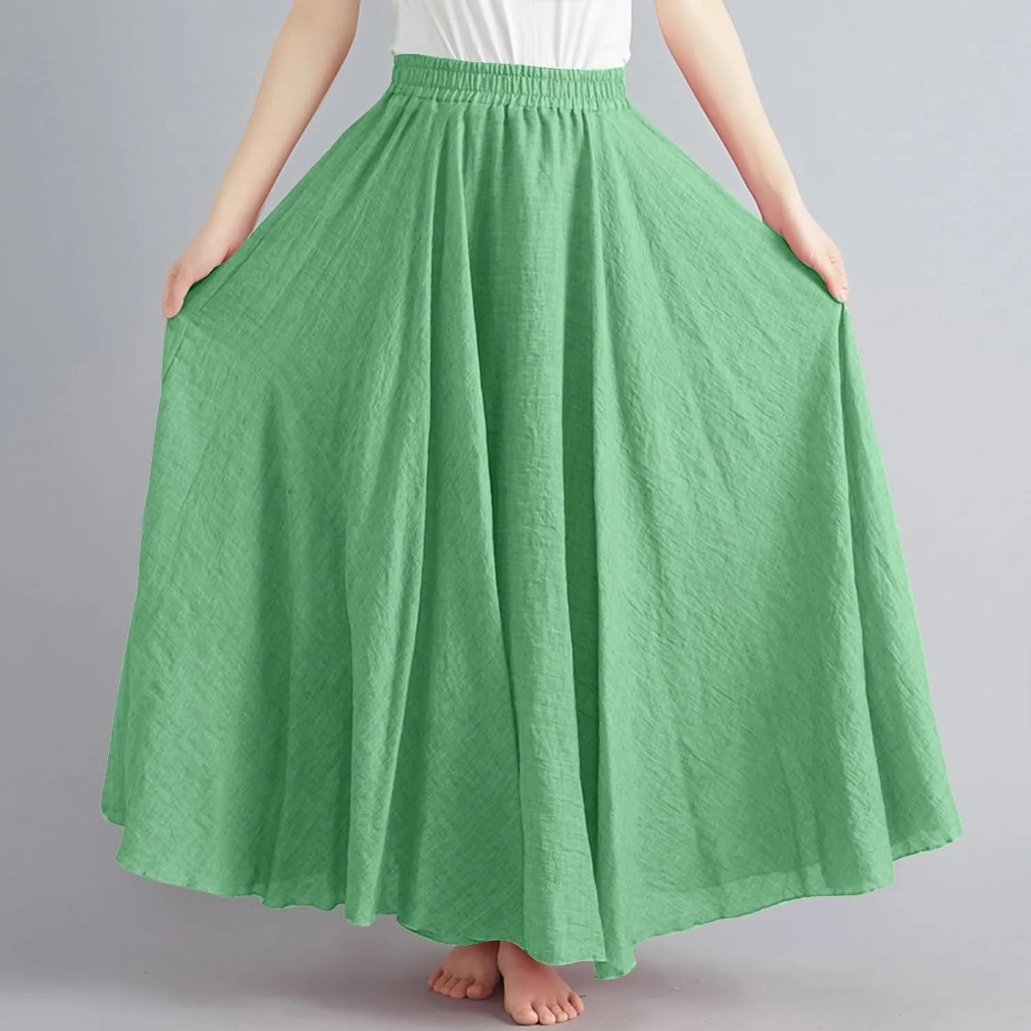 Women's Linen Maxi Skirts High Waist Ankle Length Skirt Solid Color Loose Casual Skirt Summer Flowy Long Skirts