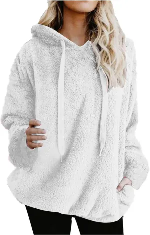 Women's Plush Sweatshirt Fashion Mid-Length Round-Neck Long Sleeves Winter Warm Fleece Pullover Tops with Pockets