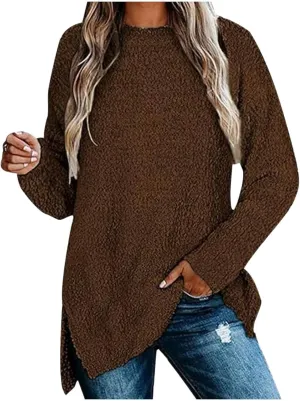 Women's Plush Sweatshirt Fashion Mid-Length Round-Neck Long Sleeves Winter Warm Fleece Pullover Tops with Pockets