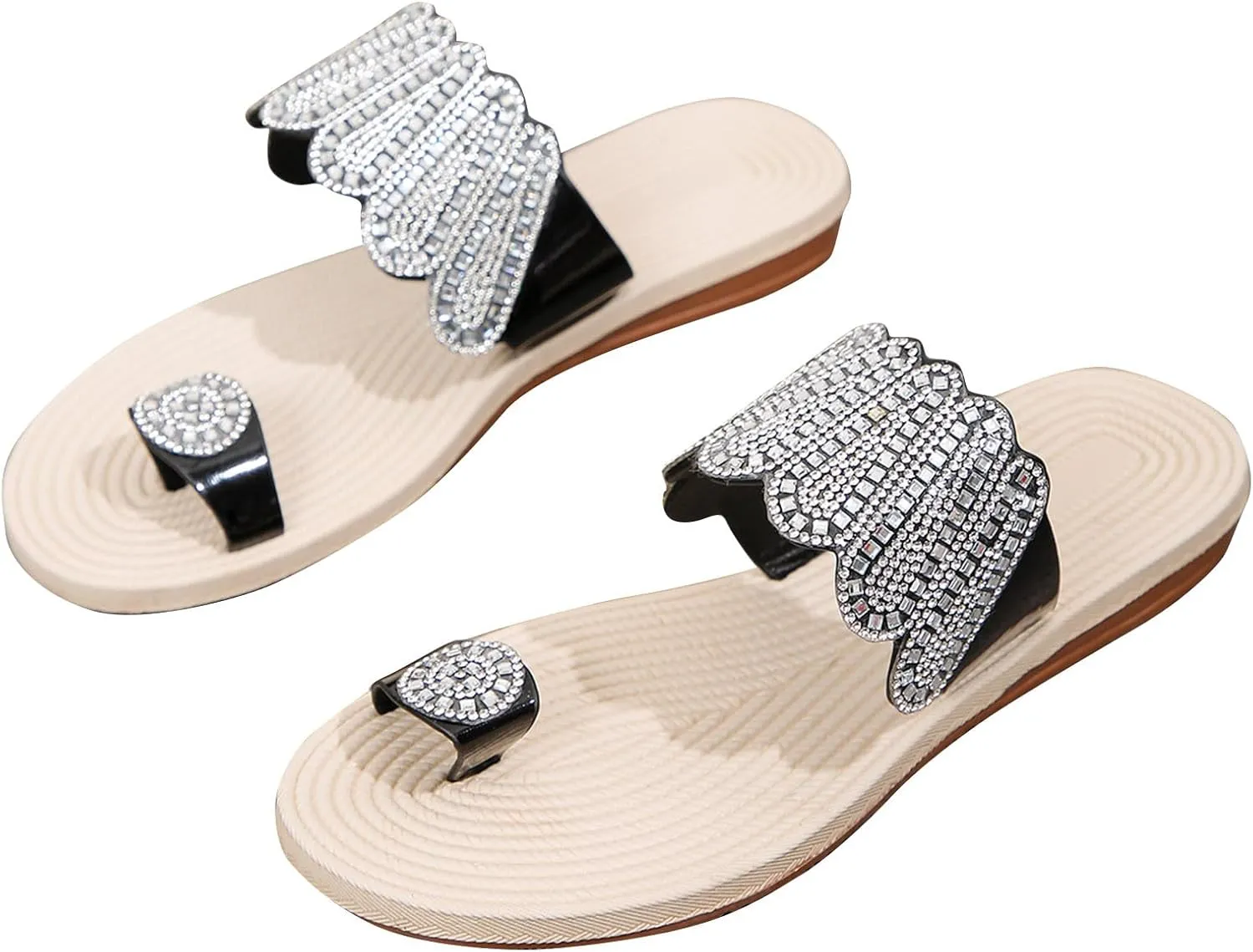 Women's Rhinestone Ring Toe Sandals 2025 New Flat Flip Flops Shoes Summer Beach Slides Sandal Casual Flip-Flip Slippers
