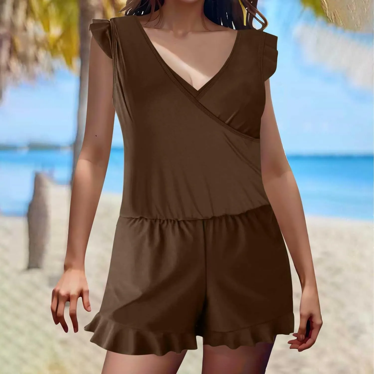Women's Romper One Piece Swimsuit Built-in Bra and Pockets Swim Romper Modest Full Coverage Bathing Suit with Shorts