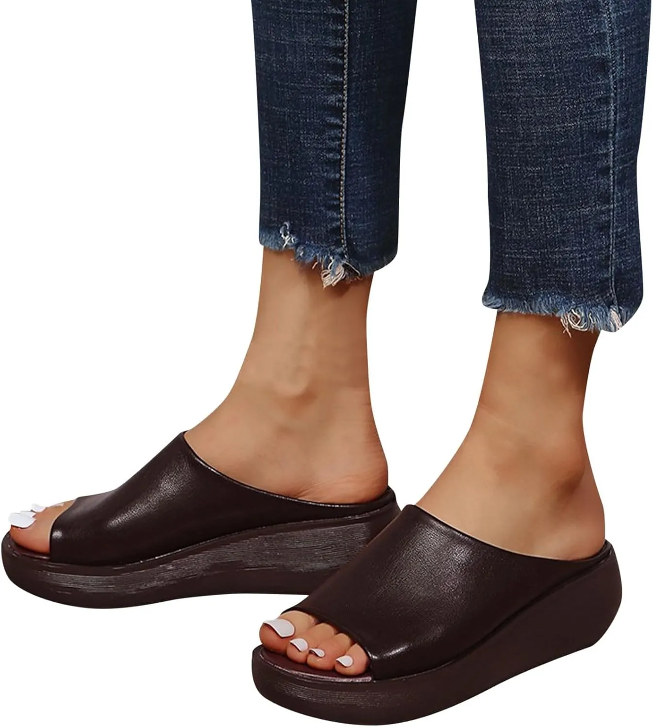 Womens Slip On Sandals Comfortable Non-Slip Work Shoes Open Toe Platform Slippers Faux Leather Wedge Outdoor Shoes Dressy Summer Sandals with Arch Support Orthotic Sandal Beach Walking Shoe Casual