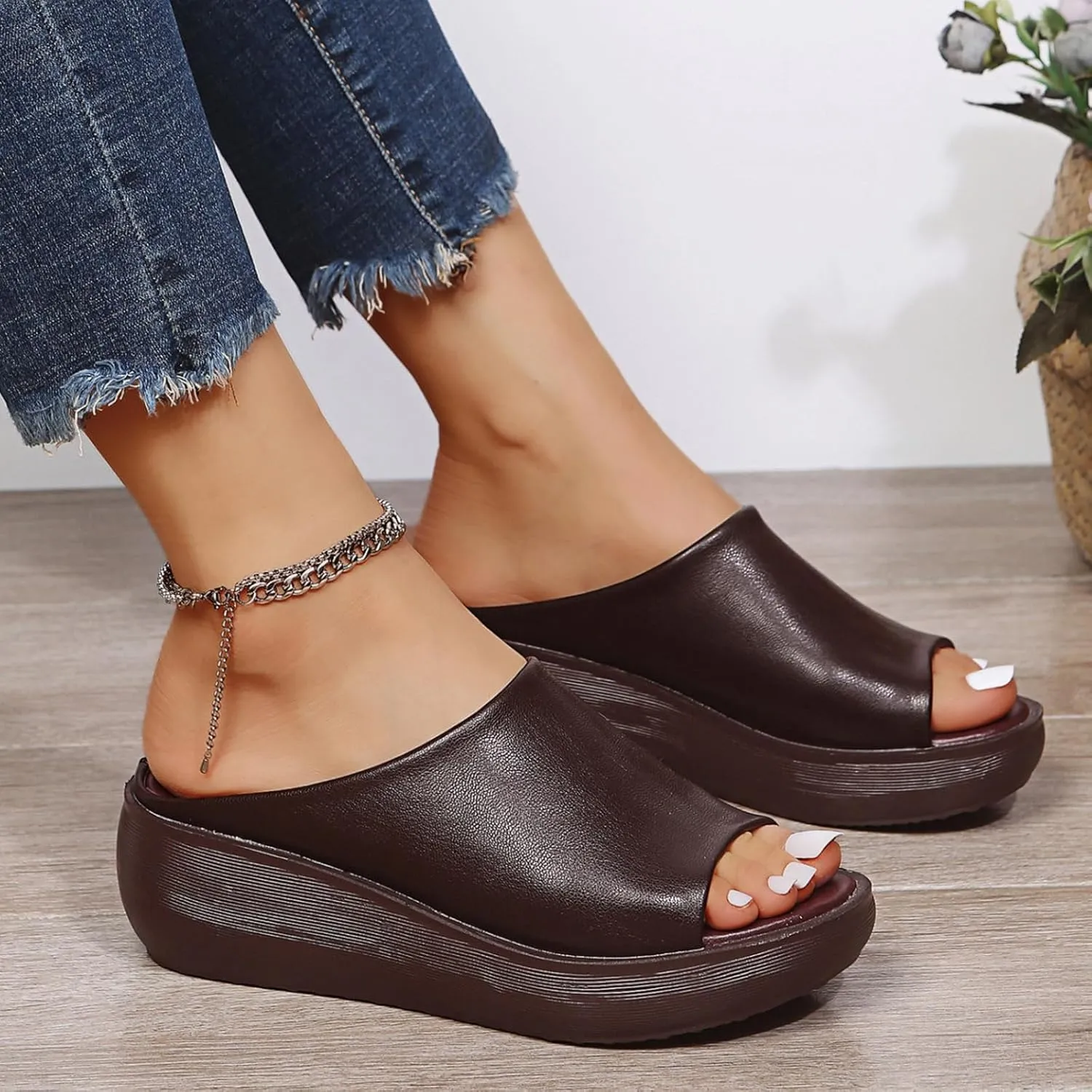 Womens Slip On Sandals Comfortable Non-Slip Work Shoes Open Toe Platform Slippers Faux Leather Wedge Outdoor Shoes Dressy Summer Sandals with Arch Support Orthotic Sandal Beach Walking Shoe Casual
