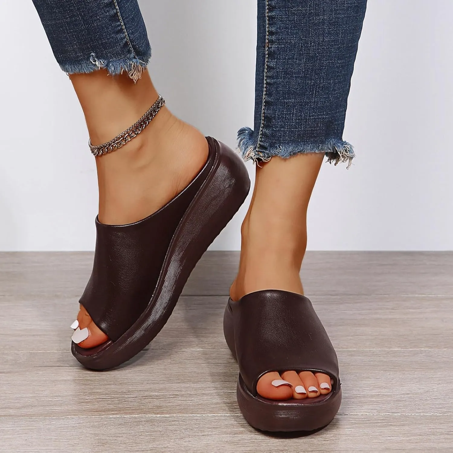 Womens Slip On Sandals Comfortable Non-Slip Work Shoes Open Toe Platform Slippers Faux Leather Wedge Outdoor Shoes Dressy Summer Sandals with Arch Support Orthotic Sandal Beach Walking Shoe Casual