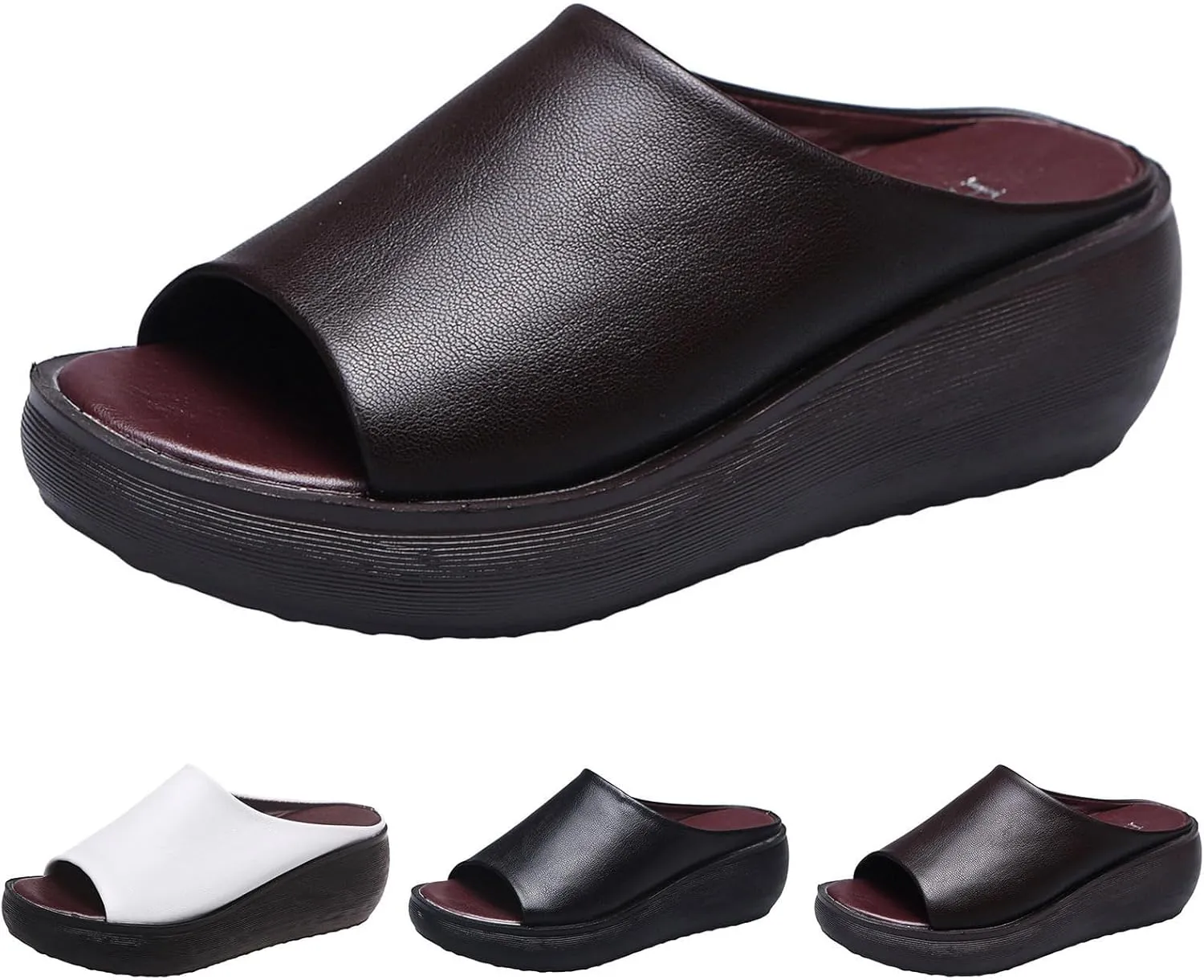 Womens Slip On Sandals Comfortable Non-Slip Work Shoes Open Toe Platform Slippers Faux Leather Wedge Outdoor Shoes Dressy Summer Sandals with Arch Support Orthotic Sandal Beach Walking Shoe Casual