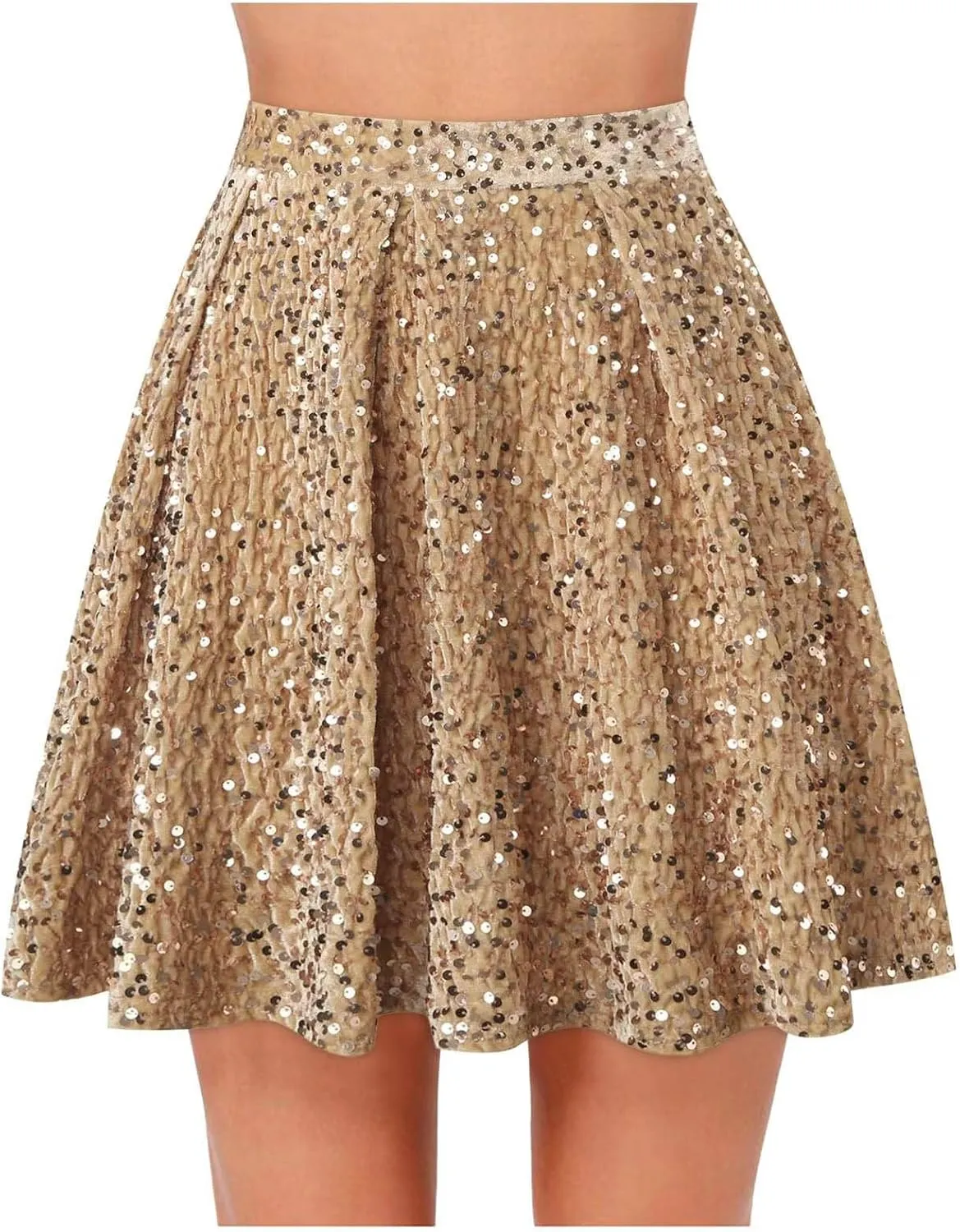 Womens Sparkly Sequin Mini Skirt Elastic High Waist Glitter Flared Swing Pleated Night Out Club Party Short Skirts