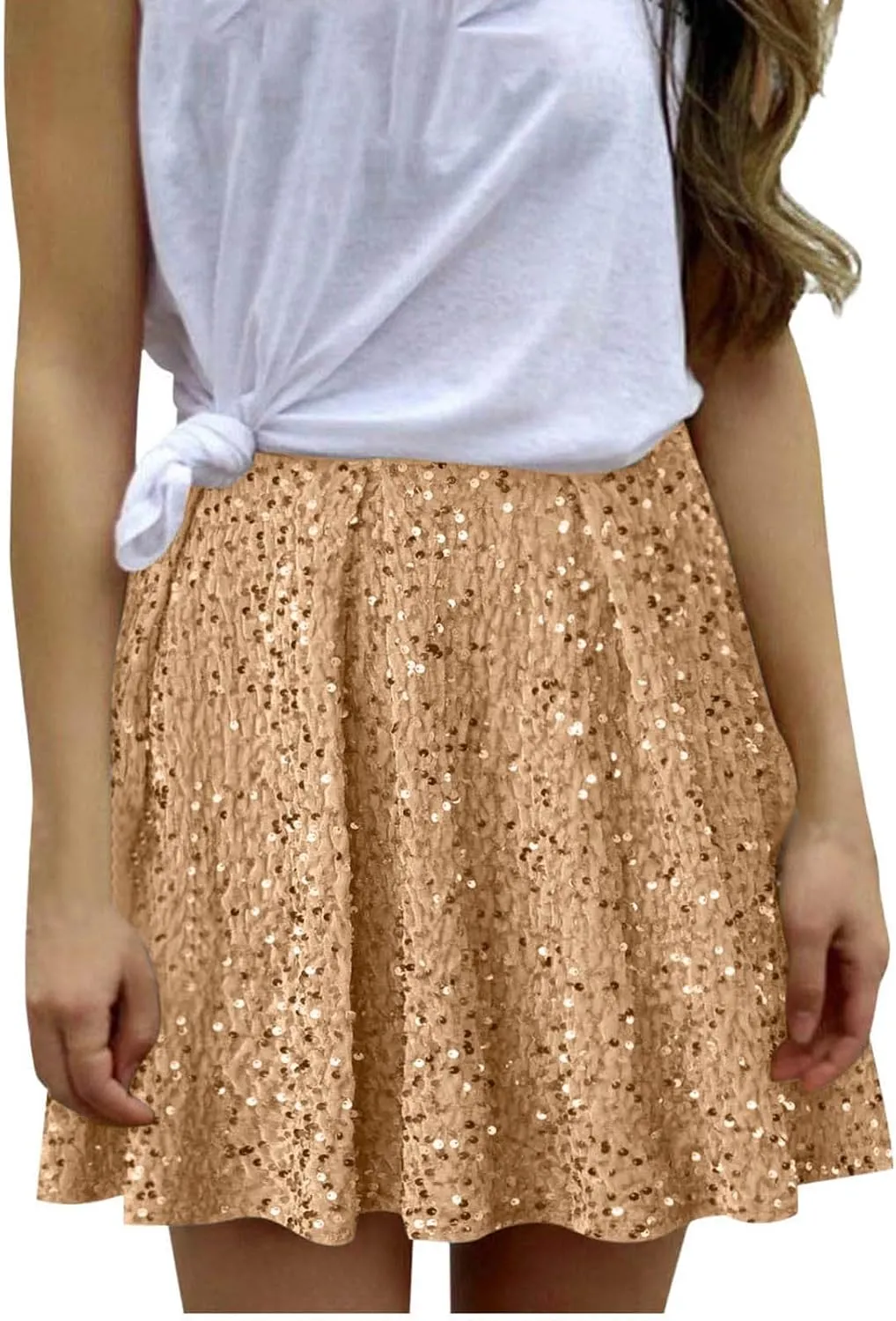 Womens Sparkly Sequin Mini Skirt Elastic High Waist Glitter Flared Swing Pleated Night Out Club Party Short Skirts