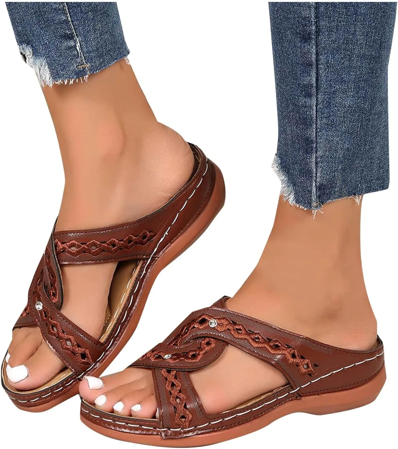 Women's Vintage Cross Band Sandals Hollow Breathable Comfortable Slides Summer Shoes Slip on Low Wedge Sandal