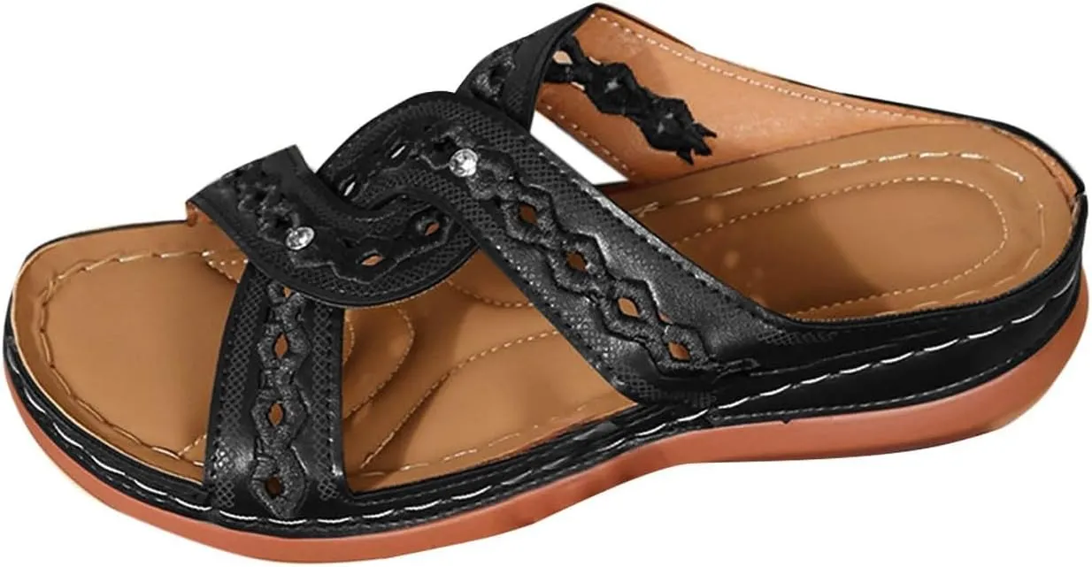 Women's Vintage Cross Band Sandals Hollow Breathable Comfortable Slides Summer Shoes Slip on Low Wedge Sandal