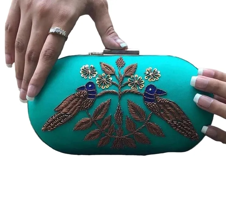 Womens Vintage Floral Embroidery Clutch Evening Handbag Shoulder Bags Purse for Wedding Party Prom - Blue'