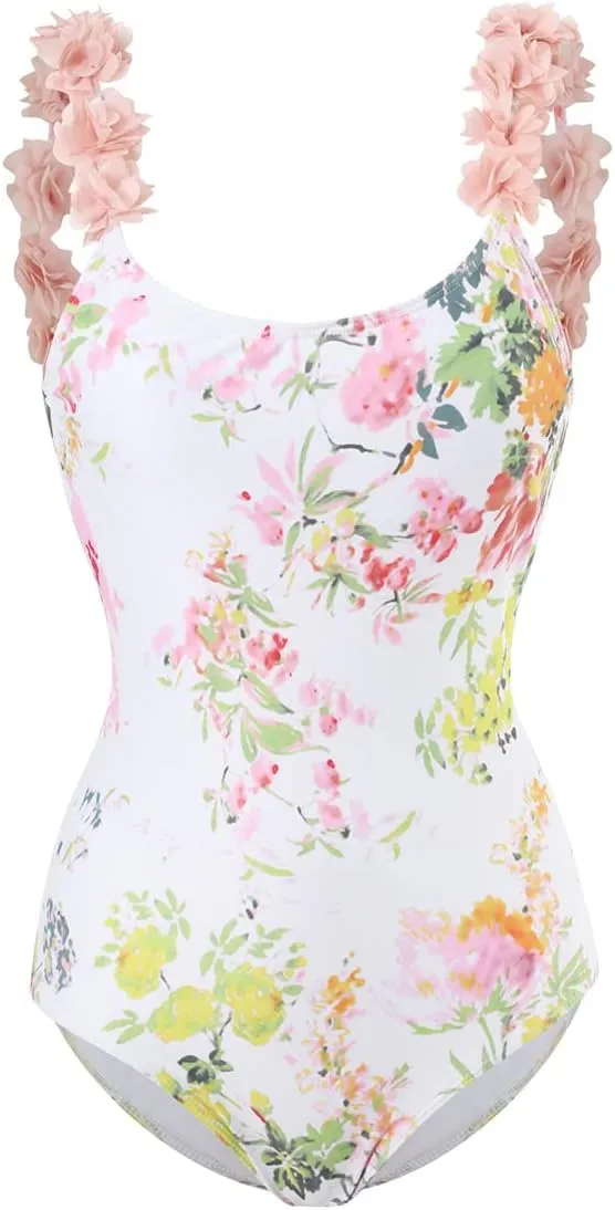 Women's Vintage Floral Print One Piece Swimsuit Ruffle Backless Swimming Suits with Movable Chest Pads