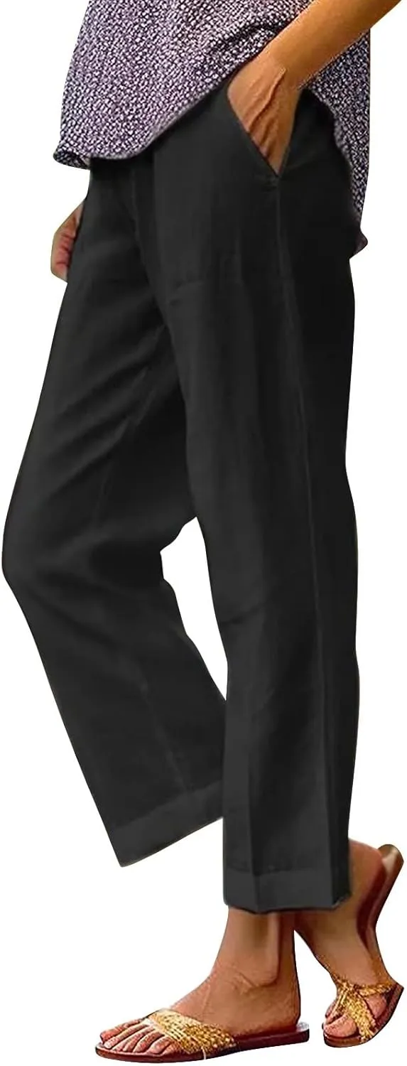 Women'sWide Leg Pants 2024 Women Solid Straight Solid Elastic Pants Long Drawstring Linen Women Low Rise Wide Leg