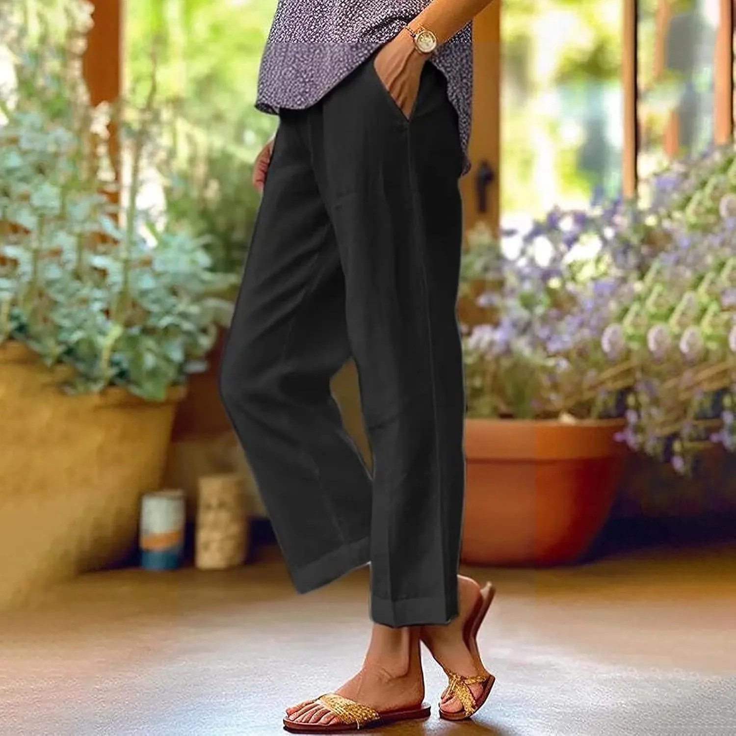 Women'sWide Leg Pants 2024 Women Solid Straight Solid Elastic Pants Long Drawstring Linen Women Low Rise Wide Leg