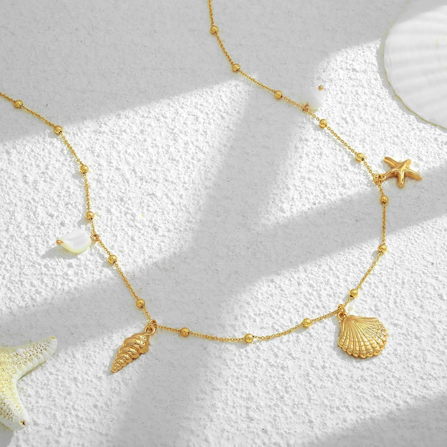 WOWORAMA Gold Sea Shell Necklace for Women Shell Starfish Pearl Charm Necklace Trendy Ocean Sea Pendant Choker Necklace Boho Summer Beach Necklace Jewelry